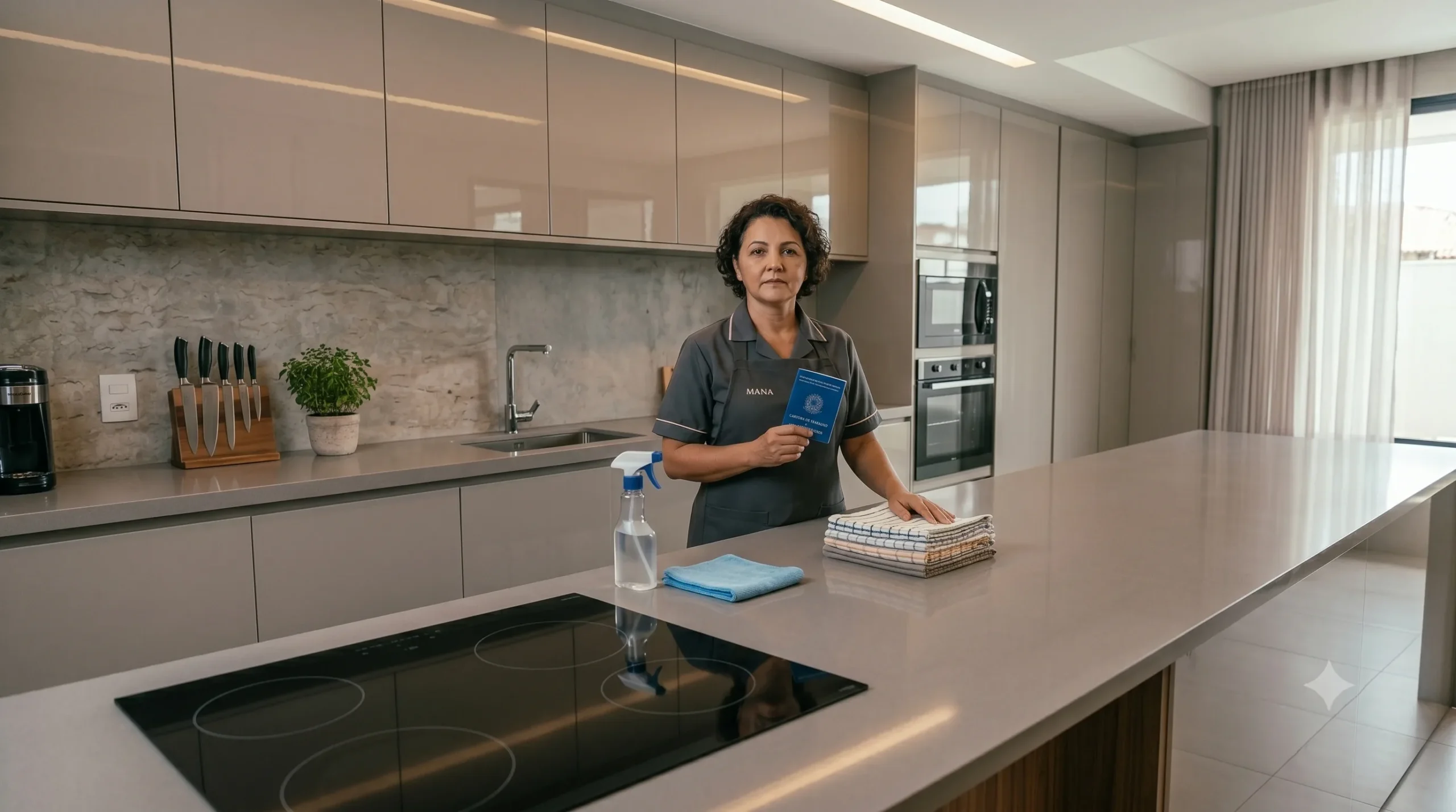 Empregada doméstica brasileira segurando a Carteira de Trabalho (CTPS) — patrão que não assina carteira ainda é a realidade de 4,3 milhões de domésticas no Brasil