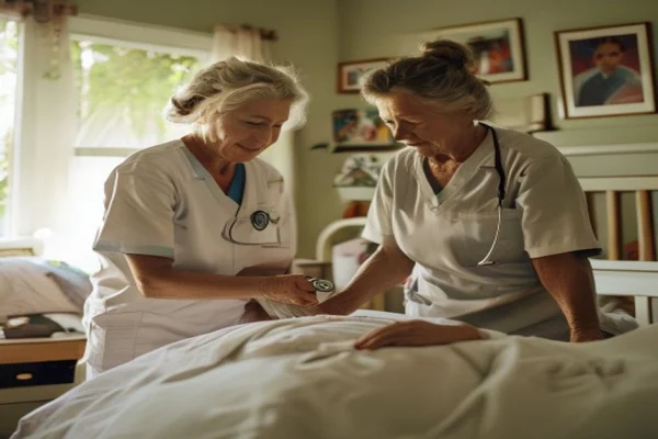 Cuidadora de home care com uniforme branco atendendo idoso acamado - direitos do trabalhador de home care MWBC