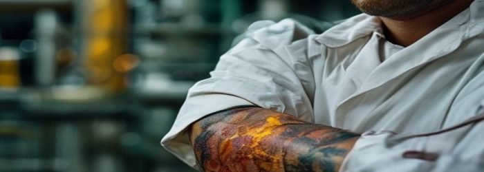 Queimadura química no trabalho - Galvanizador / químico industrial - direitos do trabalhador acidentado MWBC